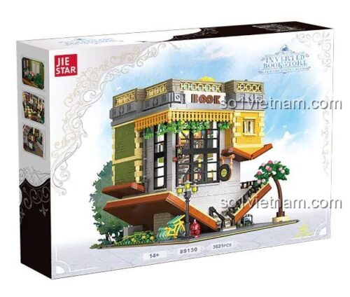 Hộp sản phẩm Tiệm Sách Ngược JIESTAR 89130, bộ lắp ghép kiến trúc độc đáo, 3621 chi tiết, có đèn LED, độ tuổi 14+