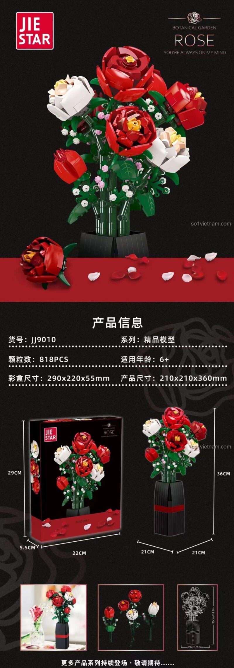 Bộ hoa hồng JIESTAR JJ9010 lắp ráp, kiểu dáng sang trọng, trang trí bàn làm việc, 818 chi tiết