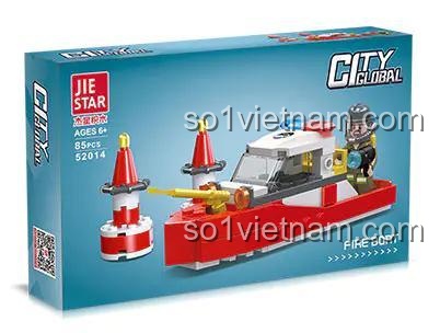Hộp sản phẩm bộ đồ chơi JIE STAR 52014, mô hình Thuyền cứu hỏa thành phố với 85 chi tiết, phù hợp làm quà tặng cho bé.