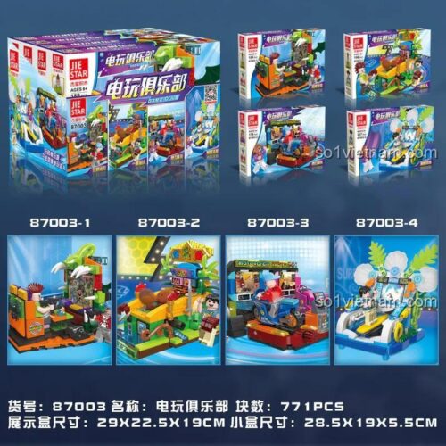 đồ chơi lắp ráp JIE STAR 87003, hộp sản phẩm và kích thước chi tiết, bộ xếp hình Khu vui chơi game cho học sinh tiểu học, giá rẻ