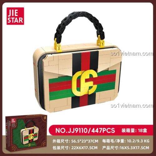 Hộp sản phẩm JIESTAR JJ9110 Túi Xách Thời Trang, mô hình túi xách lắp ráp từ mini block, 447 mảnh ghép, kích thước hộp 22x6x17.5cm, phù hợp cho bé gái 6 tuổi