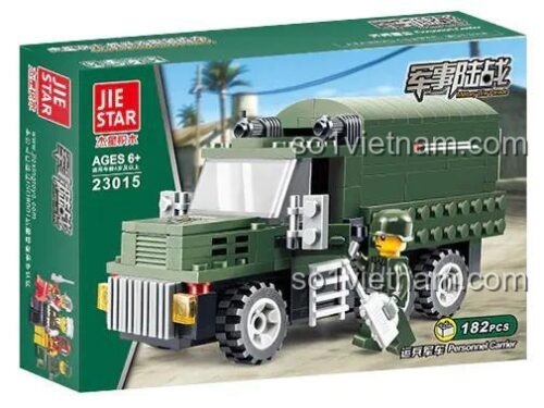 Hộp sản phẩm bộ lắp ghép Xe Chở Quân JIESTAR 23015, chất lượng cao, đáng tiền cho bé trai 6 tuổi.