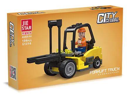 Hộp sản phẩm bộ lắp ghép Xe nâng hàng JIESTAR 51016, đồ chơi giá rẻ cho bé trai 6 tuổi.