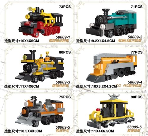 Chi tiết thông số kỹ thuật của bộ xếp hình 58009, bao gồm số mảnh và kích thước của 6 mẫu tàu hỏa hơi nước và tàu hỏa cổ điển.