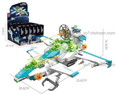 JIESTAR 58011 bộ xếp hình Tàu Thám Hiểm Vũ Trụ, thể hiện kích thước mô hình và hộp, phù hợp bé trai 6 tuổi