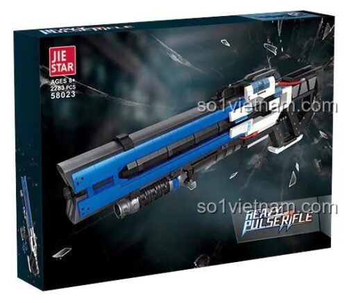 Hình ảnh hộp sản phẩm đồ chơi lắp ghép JIESTAR 58023, mô hình Khẩu Heavy Pulse Rifle trong Overwatch với 2283 chi tiết, phù hợp cho bé trai.