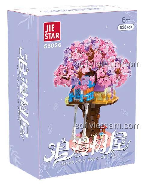 Hộp sản phẩm của bộ xếp hình Treehouse Tình Yêu Jiestar 58026, hiển thị hình ảnh mô hình và thông tin 628 chi tiết, là món quà giá tốt cho bé gái.