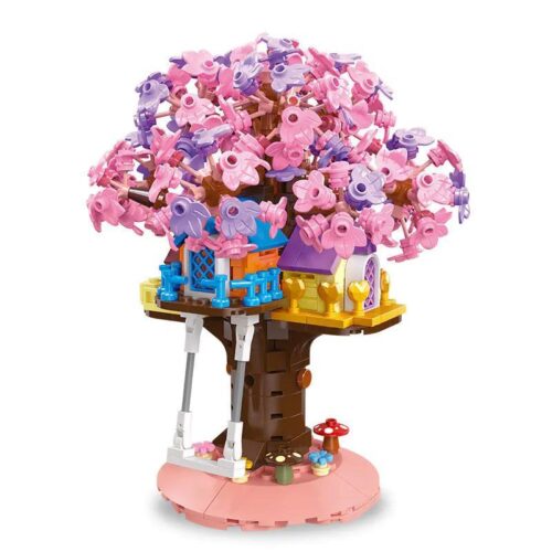 Mô hình hoàn thiện của bộ lắp ghép Ngôi Nhà Trên Cây Lãng Mạn Jiestar 58026, với tán cây hoa hồng và tím rực rỡ, phù hợp cho bé gái 6 tuổi.