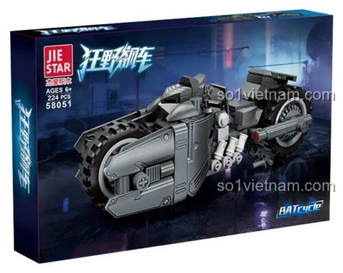 Hộp sản phẩm đồ chơi mô hình Batcycle JIESTAR 58051, thể hiện hình ảnh xe máy Người Dơi hầm hố, chất lượng cao.