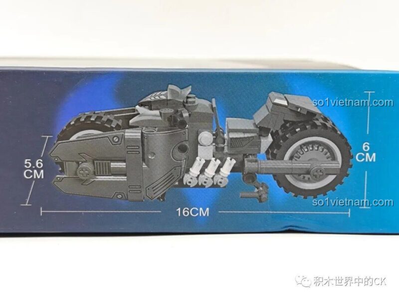 Hình ảnh thể hiện kích thước thực tế của Siêu mô tô Batcycle 58051, dài 16cm, cao 6cm, rộng 5.6cm.