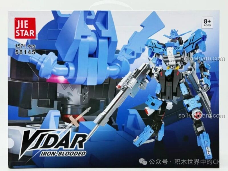 Mecha Vidar JIESTAR58145, Robot Vidar Iron-Blooded lắp ráp - Mặt bên của hộp JIESTAR 58145 Robot Vidar Iron-Blooded, phù hợp bé trai 8 tuổi, giá trị cao.