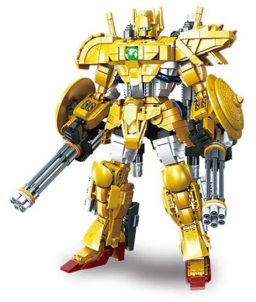Ảnh chụp chính diện bộ lắp ghép Mecha Thiên Xứng Libra JIESTAR 58229, mô hình robot màu vàng óng ánh dành cho con trai 14 tuổi, giá rẻ.