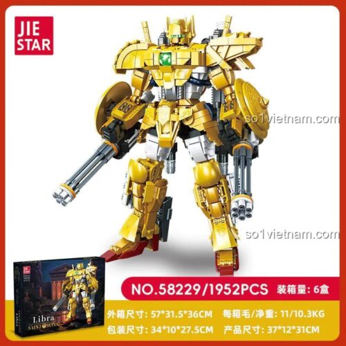 Hình ảnh đồ chơi mô hình Robot Gold Saint Libra 58229 cùng hộp sản phẩm, thể hiện rõ kích thước và số lượng 1952 mảnh ghép.