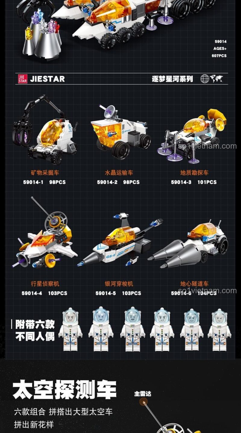 Chi tiết 6 mô hình nhỏ của bộ lắp ghép Xe thám hiểm không gian JIESTAR 59014.