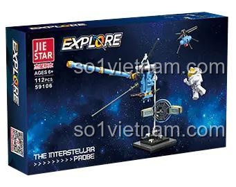 Hộp sản phẩm đồ chơi mô hình JIESTAR 59106 Tàu Thăm Dò Liên Sao, hiển thị hình ảnh sản phẩm, logo hãng, số chi tiết 112 mảnh và độ tuổi khuyến nghị 6+. Lựa chọn giá rẻ cho bé trai.