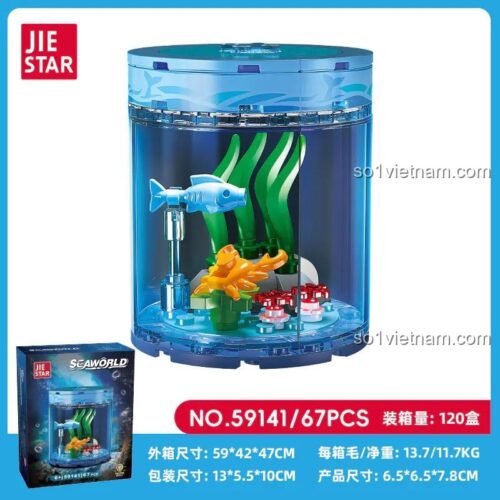Hộp và kích thước đồ chơi trang trí JIESTAR 59141, mô hình bể cá sinh thái 67 mảnh, quà tặng sáng tạo cho bé gái.