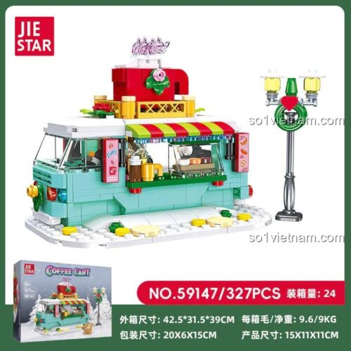bộ lắp ghép JIESTAR 59147 Xe Cà Phê Giáng Sinh, hộp sản phẩm và kích thước chi tiết, đồ chơi mô hình cho bé 6 tuổi, giá rẻ