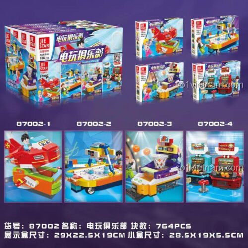 đồ chơi lắp ghép Khu vui chơi game Phòng game JIESTAR87002, hiển thị 4 kiểu lắp ráp và kích thước hộp, cho bé trai 6 tuổi, giá rẻ