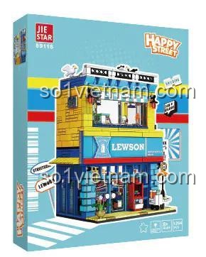 Hộp sản phẩm của đồ chơi mô hình JIESTAR 89118, thể hiện rõ hình ảnh Tòa nhà góc phố Lewson và thương hiệu JIESTAR.