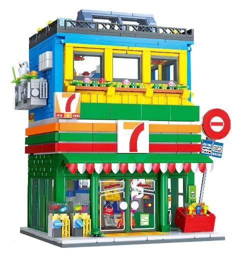 bộ lắp ghép Cửa hàng tiện lợi 7-Eleven JIESTAR 89119 cho bé gái 6 tuổi, giá rẻ, có đèn LED.