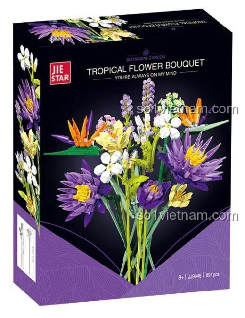 Hộp sản phẩm đồ chơi mô hình Bó Hoa Nhiệt Đới JIESTAR JJ9046, thể hiện hình ảnh bó hoa rực rỡ, phù hợp làm quà tặng.