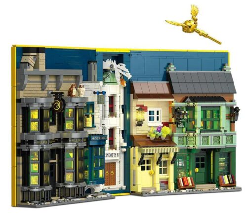 Mô hình sách Diagon Alley JIESTAR JJ9058 đóng lại, thể hiện bìa sách ma thuật với biểu tượng Harry Potter, 1976 mảnh ghép, đồ chơi mô hình chất lượng cao.