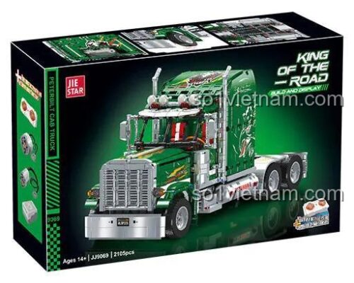 Hộp sản phẩm bộ đồ chơi JJ9069 Xe đầu kéo Peterbilt 389 JIESTAR, thể hiện mô hình xe tải Peterbilt 389, 2105 mảnh, dành cho con trai 14 tuổi.