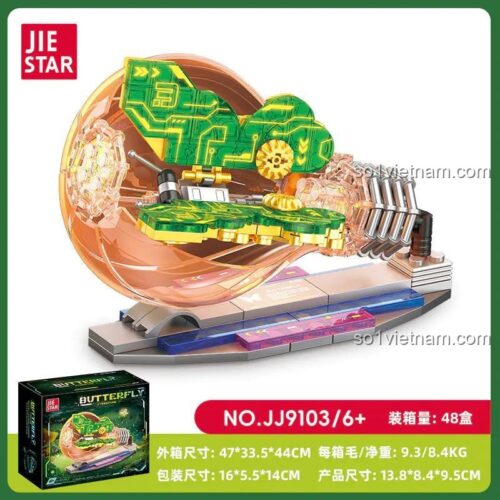 Hộp sản phẩm bộ lắp ghép JIESTAR JJ9103 Bướm Cyberpunk, thể hiện kích thước và thông tin sản phẩm, đồ chơi mô hình cho bé gái 6 tuổi.