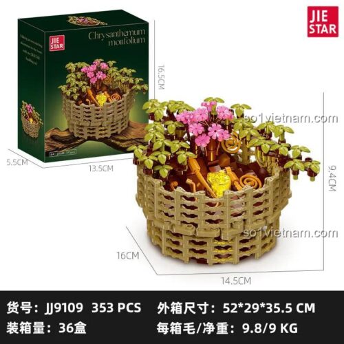 Ảnh hộp và kích thước của bộ xếp hình hoa JJ9109 Chậu Hoa Cúc Bách Nhật, thể hiện rõ chiều dài, rộng, cao của sản phẩm và bao bì.
