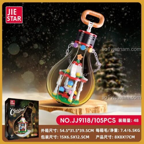 Hộp bộ xếp hình JIESTAR JJ9118 Đèn trang trí Giáng Sinh, thể hiện kích thước sản phẩm, đồ chơi lắp ghép giá rẻ cho con trai con gái 6 tuổi