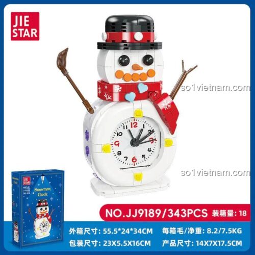 Hộp đồ chơi lắp ráp JIESTAR JJ9189 Đồng Hồ Người Tuyết, hiển thị kích thước mô hình và hộp, chất lượng cao, quà tặng Giáng Sinh.
