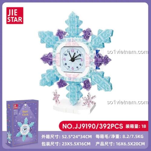 Hộp sản phẩm JIESTAR JJ9190 Đồng hồ bông tuyết với kích thước rõ ràng, 392 mảnh ghép, phù hợp bé gái 6 tuổi, giá tiết kiệm.