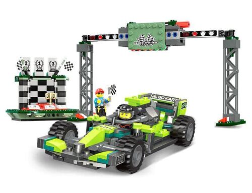 JIESTAR 55011 Bộ đồ chơi Xe đua F1 Trung tâm Trải nghiệm Đua xe Toàn cầu, Mô hình xe đua F1, Xe Go-kart, Cổng vào đường đua có cờ ca-rô, 436 mảnh, Độ tuổi 6+