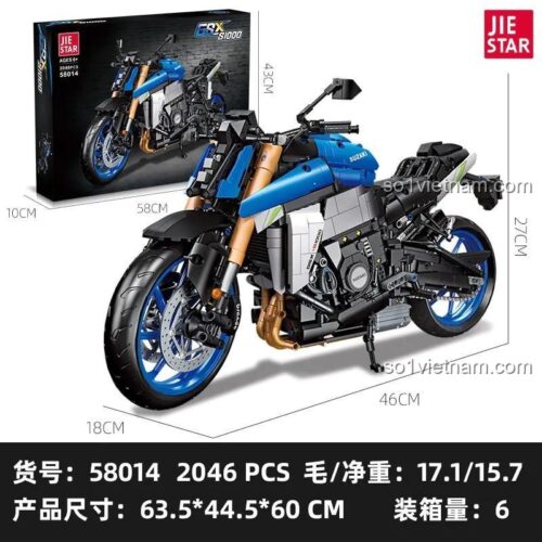 Hộp sản phẩm bộ lắp ghép mô tô Suzuki GSX-S1000 JIESTAR 58014, kích thước hộp 58x43x10cm, mô hình xe máy 46x18x27cm