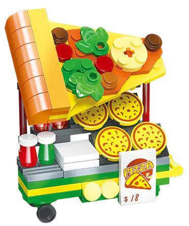 Mô hình xe bán hàng Pizza JIESTAR 58255 với 96 mảnh ghép, phù hợp cho bé 6 tuổi, màu sắc chủ đạo xanh lá, vàng, cam, đỏ, trắng, kích thước mô hình 7x4.4x8.8cm, đồ chơi sáng tạo, giáo dục, phát triển trí tuệ, tương thích LEGO®