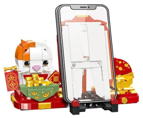 Bộ lắp ghép JIESTAR 58285 Chân Đế Điện Thoại Mèo Thần Tài May Mắn, đồ chơi sáng tạo cho bé 6 tuổi, màu đỏ, trắng, vàng, cam, 301 chi tiết