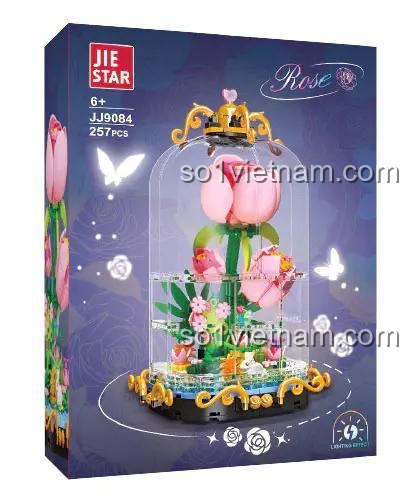 Hộp sản phẩm bộ lắp ghép bông hồng lung linh JIESTAR JJ9084, đồ chơi trang trí cho bé gái, có đèn LED