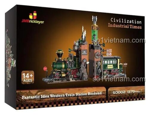 Hộp bộ lắp ghép JMBricklayer 50002 Chặn Sách Ga Tàu Hỏa Miền Tây, thể hiện mô hình 1379 mảnh, dành cho thanh niên 14 tuổi, chất lượng cao.
