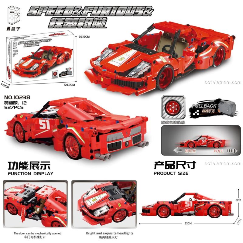 Chi tiết bộ lắp ghép xe Ferrari回力车 K盒子 10238, bao gồm kích thước hộp 54.2x36.5x7.5cm, kích thước mô hình 23x11x6cm, chức năng回力, cửa xe mở được, đèn pha sáng và tinh xảo, đồ chơi lắp ghép cho bé trai 6 tuổi