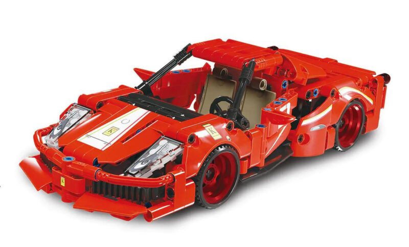Mô hình xe Ferrari回力车 K盒子 10238 màu đỏ, 527 mảnh, có chức năng回力, cửa xe mở được, đèn pha tinh xảo, đồ chơi lắp ghép cho bé trai 6 tuổi
