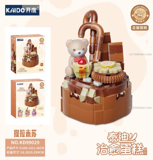 Hộp sản phẩm bộ lắp ghép Kaido KD99029 Bánh Tiramisu Gấu Teddy, hiển thị kích thước chi tiết, chất lượng cao.
