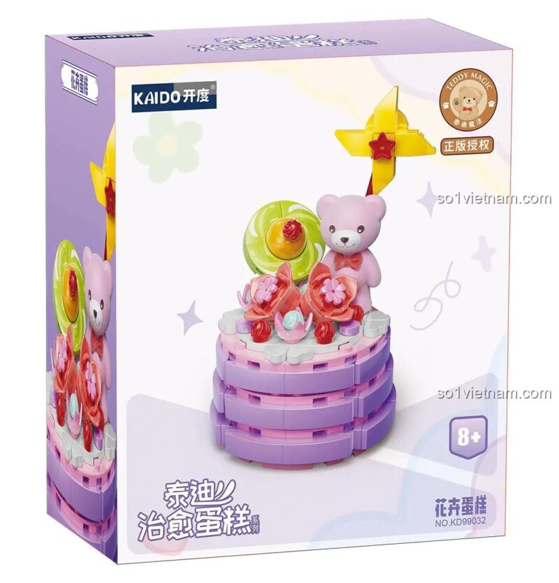 Mặt trước hộp bộ xếp hình Kaido KD99032 Bánh Kem Hoa Gấu Teddy, đồ chơi xếp hình cho bé gái 8 tuổi, chất lượng cao