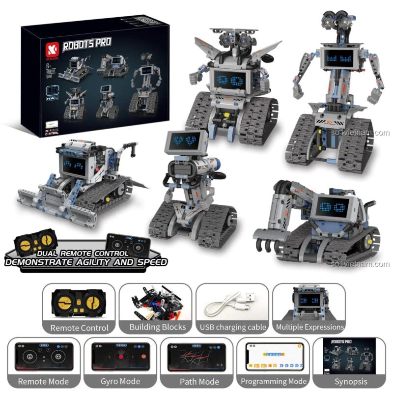 Bộ lắp ghép KAIYU K96170 Robot Biến Hình 5 Trong 1 hiển thị tất cả 5 mẫu lắp được, điều khiển từ xa, có đèn LED, đồ chơi sáng tạo