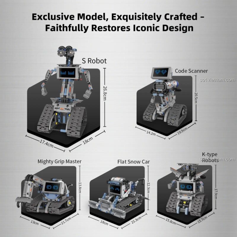 KAIYU K96170 Robot Biến Hình 5 Trong 1 với các kích thước chi tiết của 5 mẫu lắp được, đồ chơi lắp ráp cho bé trai 6 tuổi