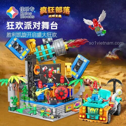 Hình ảnh hộp sản phẩm đồ chơi lắp ráp Kalos 57002, mô tả Sân khấu nhạc rock ngoài trời với 635 chi tiết, phù hợp làm quà tặng cho bé trai.