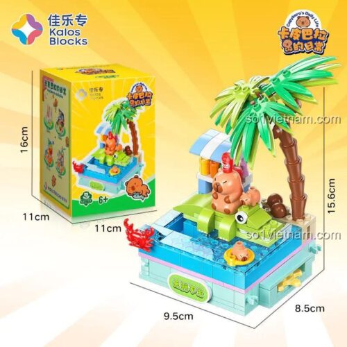 đồ chơi lắp ghép Kalos Blocks 54006 Capybara và Cá Sấu hiển thị kích thước hộp và mô hình