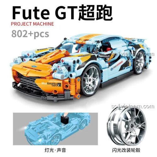 Hộp sản phẩm đồ chơi mô hình Xe đua Ford GT KAZI 1051. Bộ xếp hình 868 chi tiết có đèn và âm thanh.