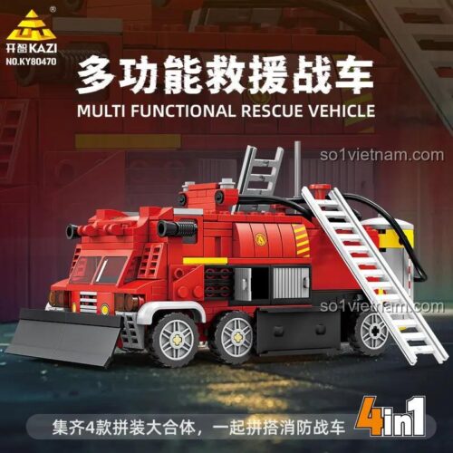 Mô hình Xe chiến đấu cứu hộ đa năng KY 80470, phiên bản hợp thể từ 4 xe nhỏ, đồ chơi lắp ráp KAZI 695 chi tiết.