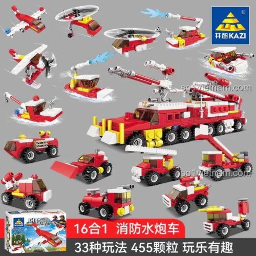 Đồ chơi mô hình đội xe cứu hỏa KAZI 80535 lắp được 33 kiểu, bộ xếp hình 455 chi tiết cho con trai.
