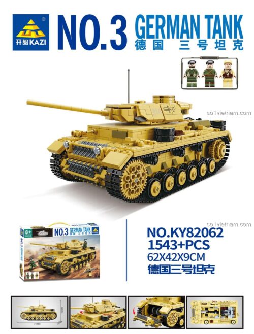 Hộp sản phẩm bộ đồ chơi xe tăng Đức số 3 KAZI KY82062, 1543 mảnh ghép, độ tuổi 8+, xe tăng quân sự màu vàng